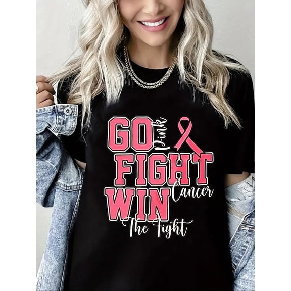 Breast Cancer Tshirt Pink Go Fight Win Print Short Sleeve Shirt for Women
