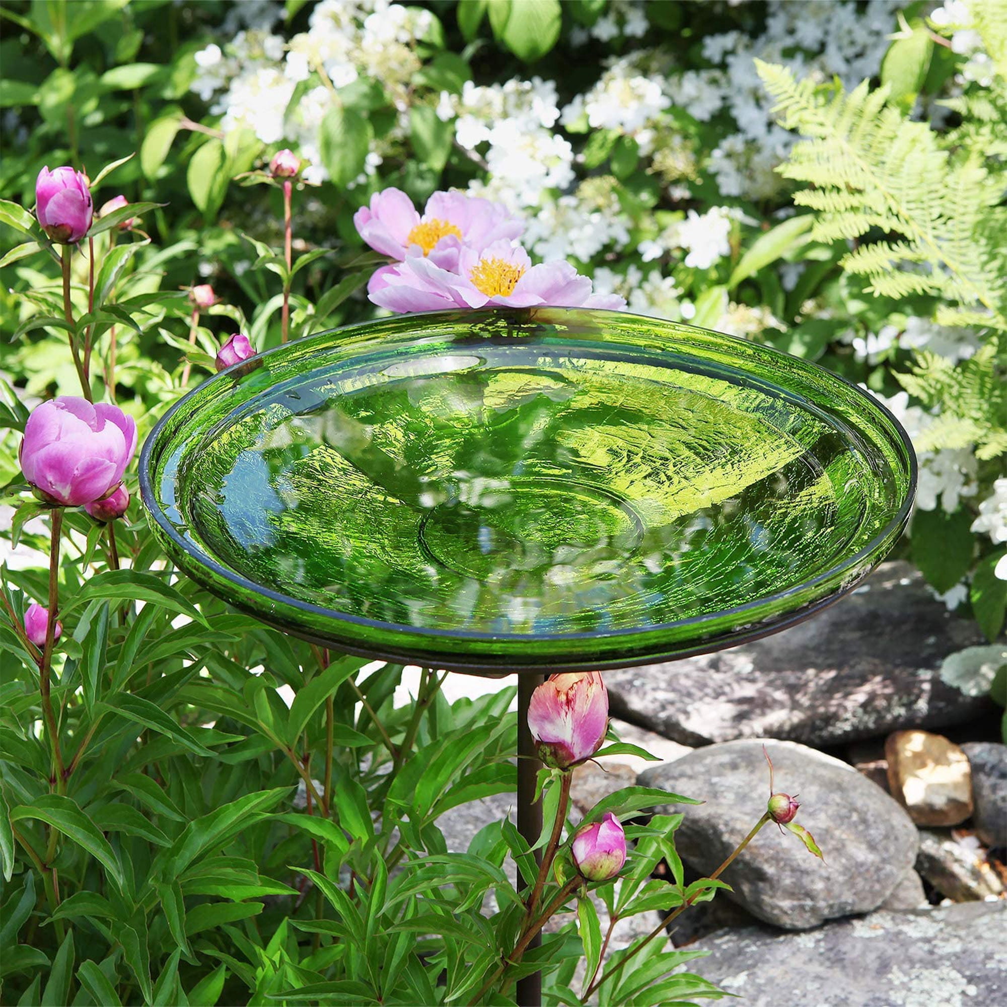 Achla Designs 14 In Hand Blown Crackle Glass Birdbath w/ Stake, Fern Green