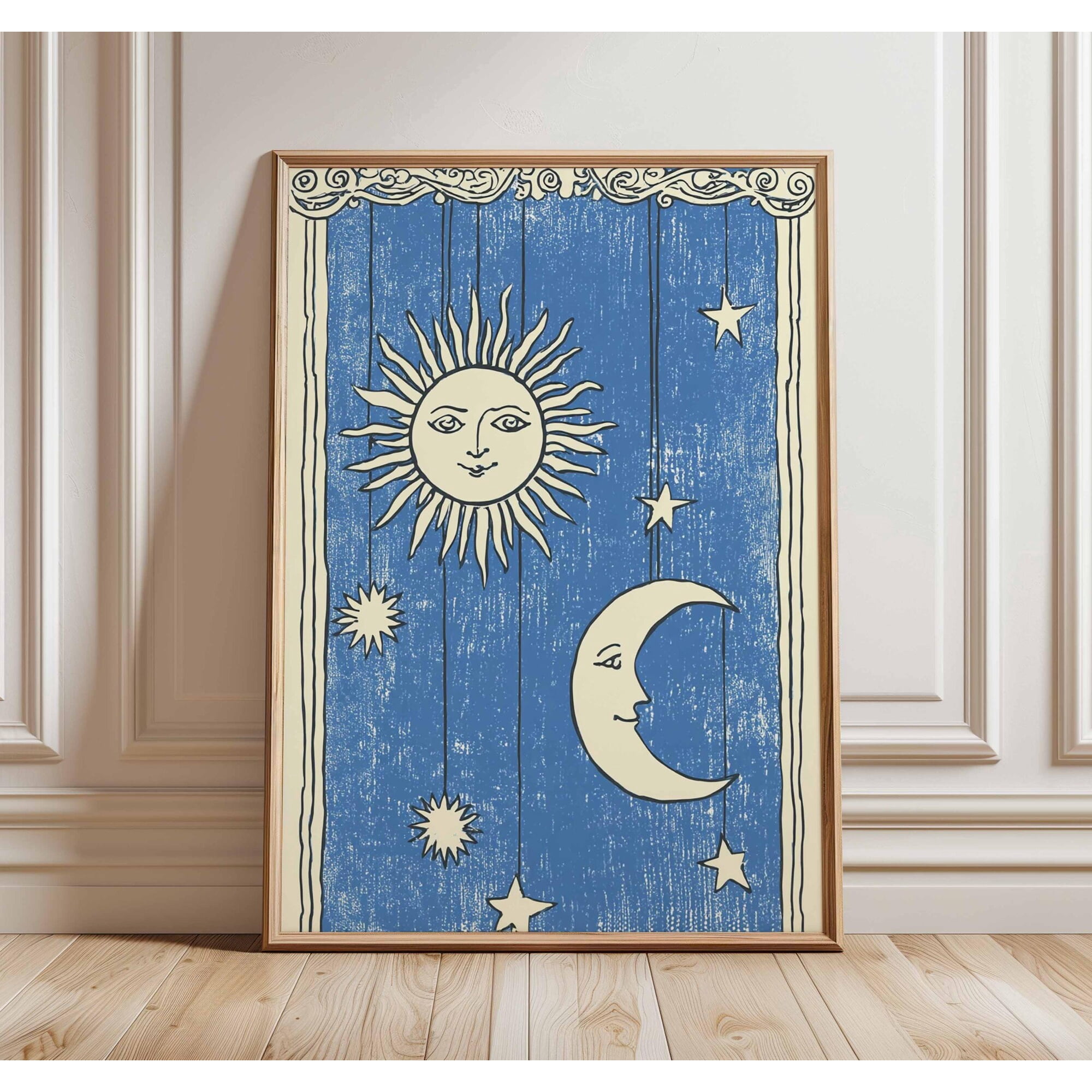 Sun and Moon Wall Art Celestial Poster Astrology Print Blue Starry Night Artwork Mystical