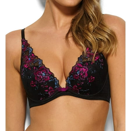 GOSSARD Black/Purple Floral Attraction VIP Apex Plunge Bra  US 32C  UK 32C  NWOT