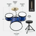 thumbnail image 3 of Best Choice Products Kids Beginner 3-Piece Drum, Musical Instrument Set w/ Sticks, Cushioned Stool, Drum Pedal - Blue, 3 of 8