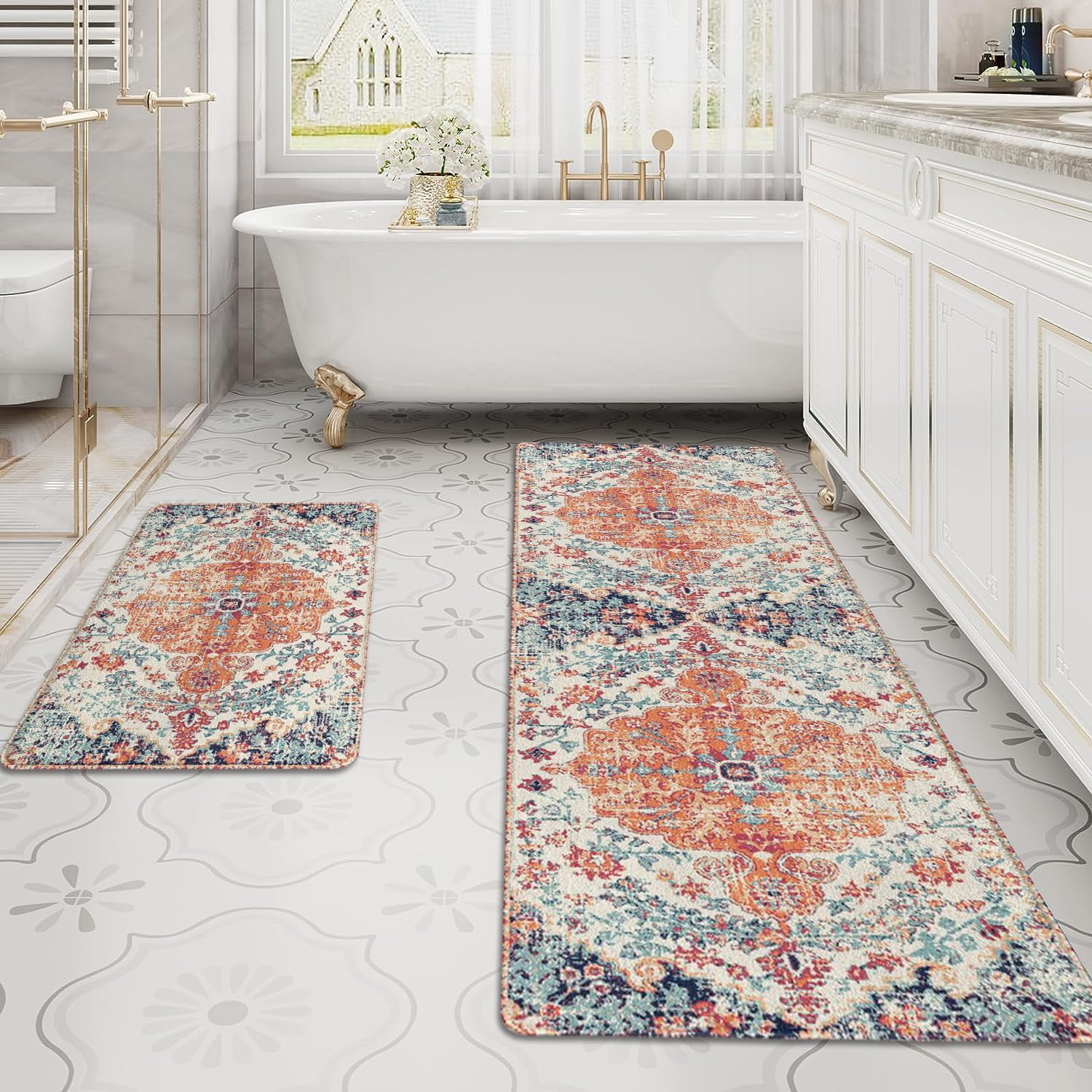 Boho Style Bathroom Rugs Farmhouse Bohemia Bath Mat Non-Slip Water Absorbent Bath Rug Soft Microfiber Floor Mats for Bathroom Tub and Shower Room 17x47 inch Orange