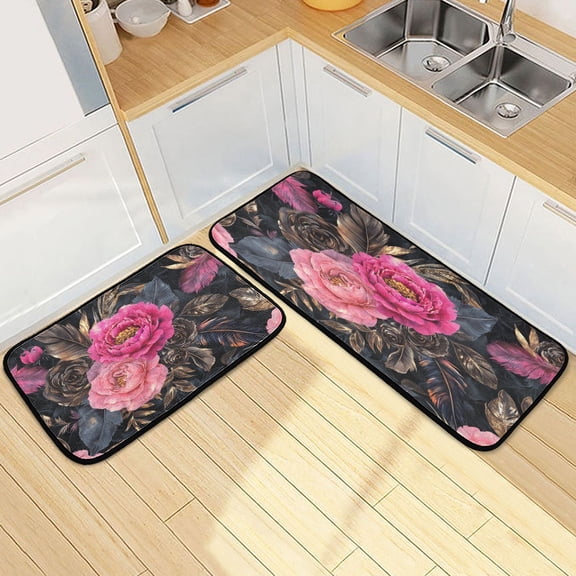 Kitchen Rugs and Mats【2 PCS】Non Skid Forals Bloom Pattern Creative Kitchen Mat