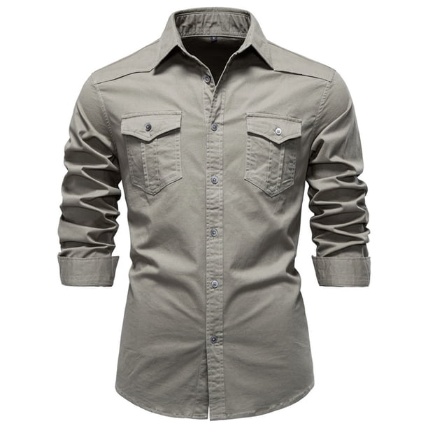 pstuiky camisas de manga larga para hombre, Blusa informal de manga larga con botones y parches lisos para hombre Tops de hombre xxl