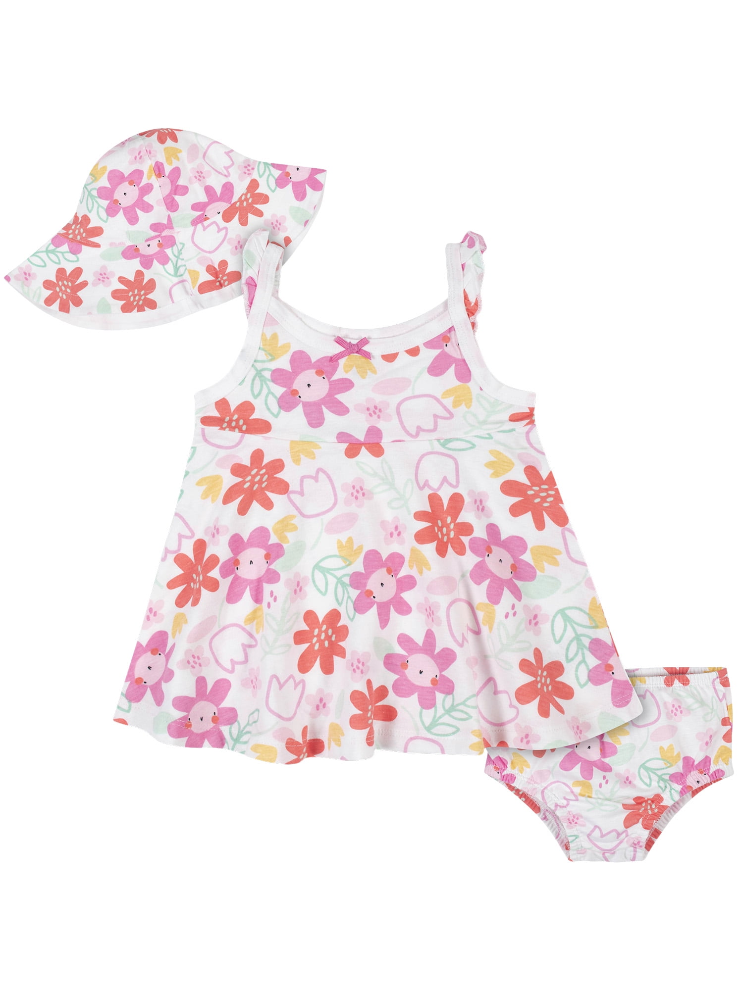 Newborn Baby Girls Summer Outfit Set Floral Print Bow Pink Princess Dress and Bloomer Diaper Cover Striped Short Pants 