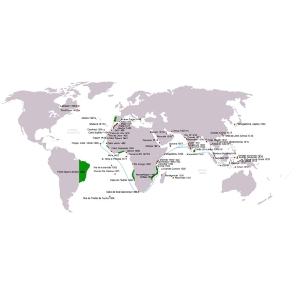 24x36 gallery poster, map of Portuguese discoveries and explorations first arrival places and dates