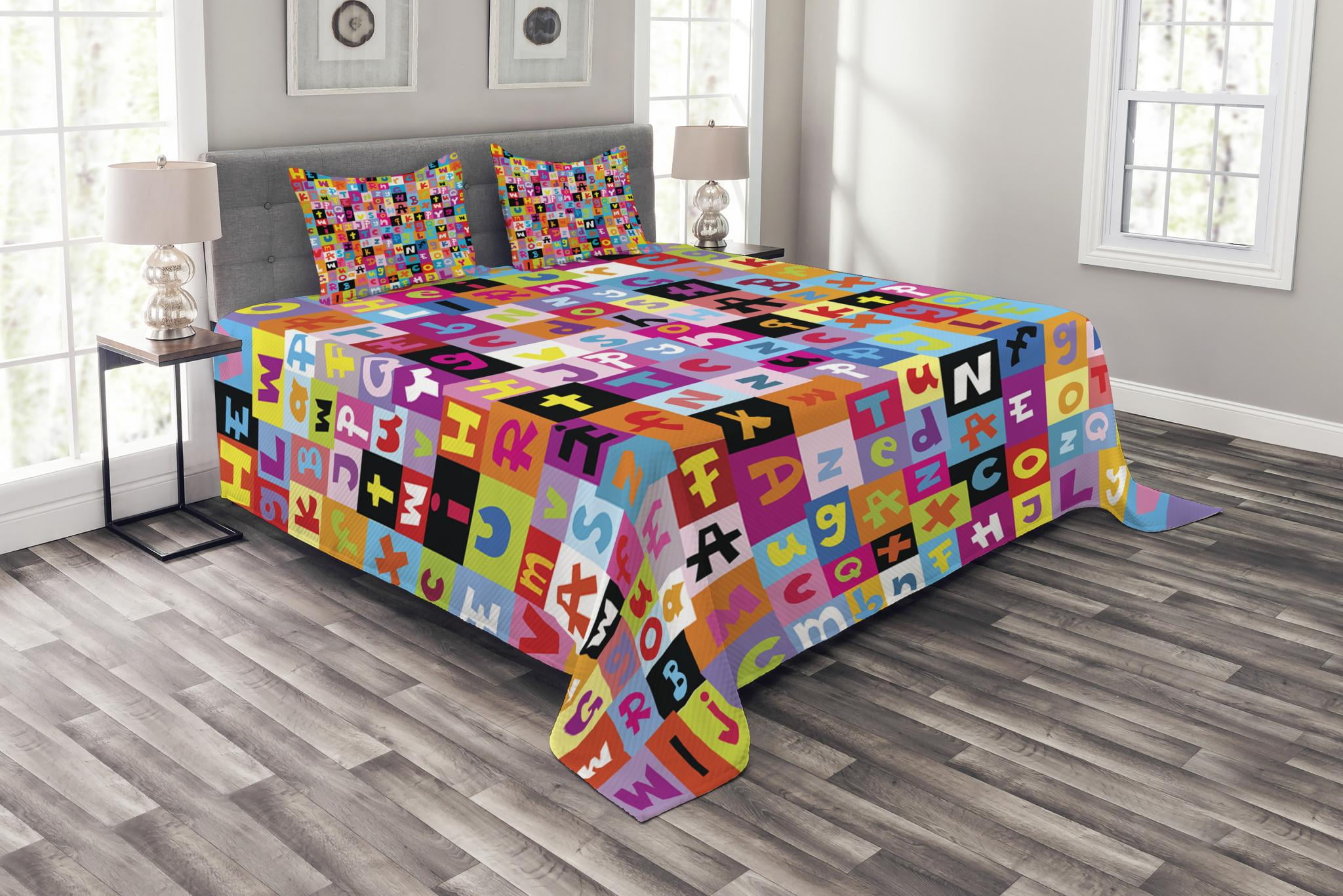 Abstract Bedspread Set Queen Size, Colored Alphabet Letters Pattern