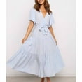 thumbnail image 7 of QUYUON Flowy Dresses for Women Casual Summer Wrap V-Neck Short Sleeve Ruffle Midi Dress with Belt Pleated A-Line Beach Sundress Elegant Formal Evening Party Cocktail Long Dresses Light Blue Medium, 7 of 7