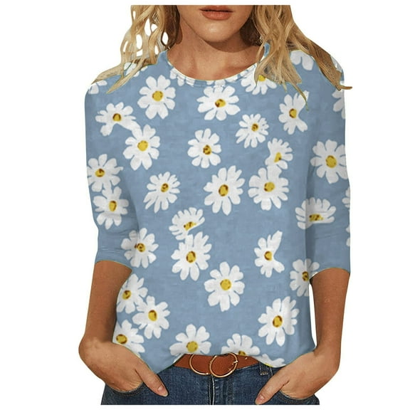 Women Summer Tops Womens Dressy Tops 3/ 4 Length Sleeve Summer Crew Neck Tshirts Flower Printing Loose Casual Blouses Fashion Flannels Women Boyfriend Style Womens Athletic Shirts Long Blue 2XL