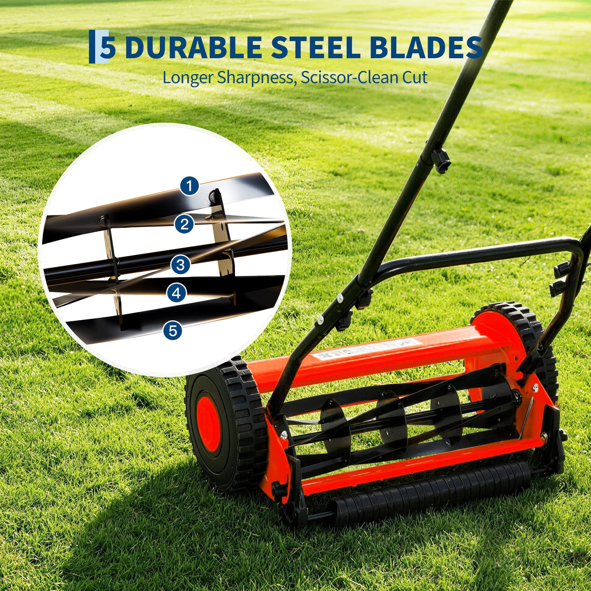Garvee 16-Inch Manual Reel Lawn Mower, 5-Blade Hand Push Grass Cutter, Adjustable Cutting Height, Lightweight, for Small to Medium Yards, Red