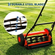 Push Reel Lawn Mower 14 Inch, 5-Blade Manual Reel Mower Walk-Behind, Adjustable Cutting Height Hand Push Mower for Small to Medium Yards, Quiet Lawn Care Tool, Red
