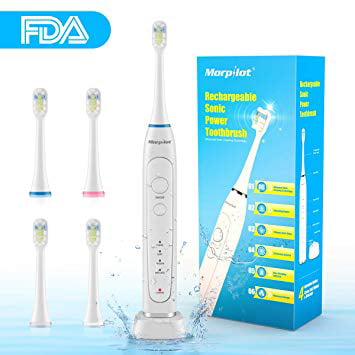 electric Toothbrush,Rechargeable Toothbrush Powerful Cleaning Whiten Teeth wih 2 Mins Timer, Fully Washable IPX7 Waterproof, 4 Modes with Gum Care,4 Toothbrush Heads,1 White Handle   by