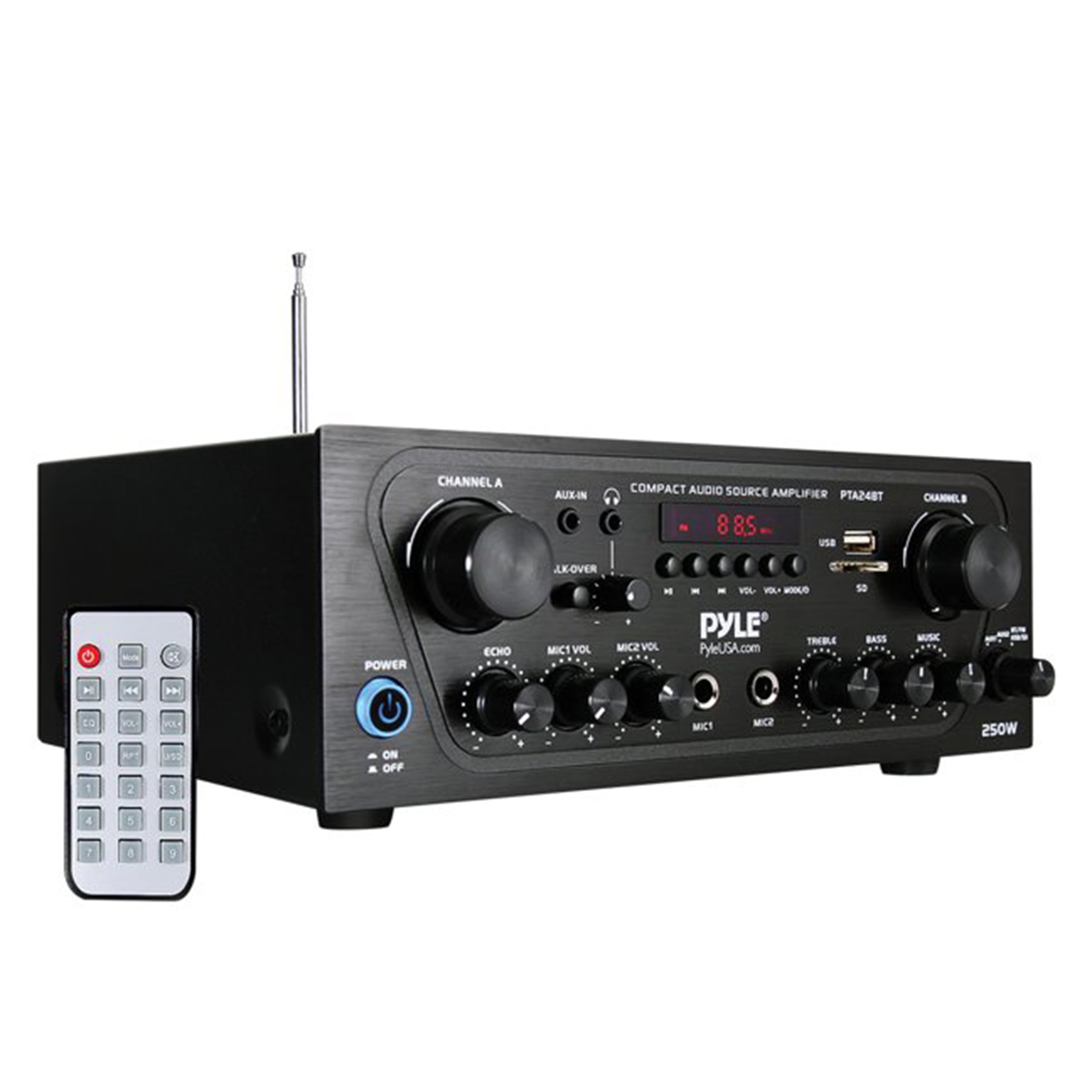 PYLE PTA24BT - Compact Bluetooth Home Audio Amplifier, 2-Ch. Audio Source Stereo Receiver System with FM Radio, MP3/USB/SD/AUX Playback (250 Watt)