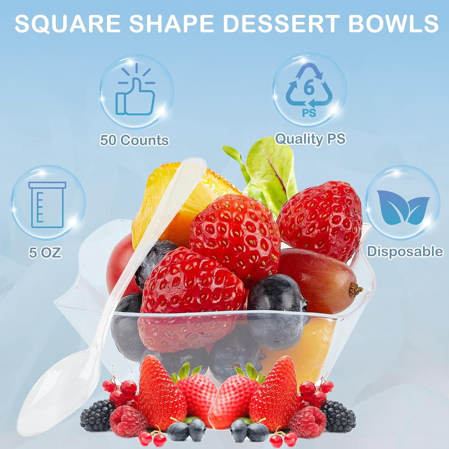 50ct 5 oz Small Plastic Dessert Cups with Spoons, Clear Appetizer Cups for Parties Mini Serving Bowls, Hors D'oeuvres Plates