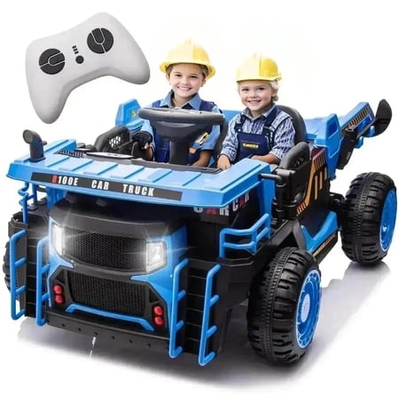 24V Two-Seater Ride on Dump Truck, Kids Electric Car Toy w/2x200W Powerful Motors Ride on Construction Vehicles w/Electric Dump Bed and Shovel, 20'' Seat, 4.9MPH Max, Ideal Gift for Kids - Blue