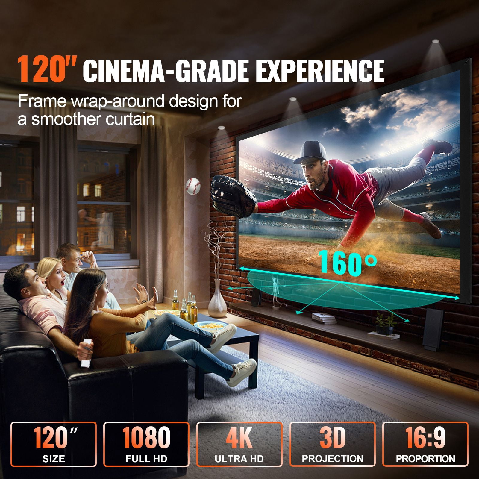 120" 16:9 Projector Screen Fixed Frame 4K HDTV Movie Theater 3D