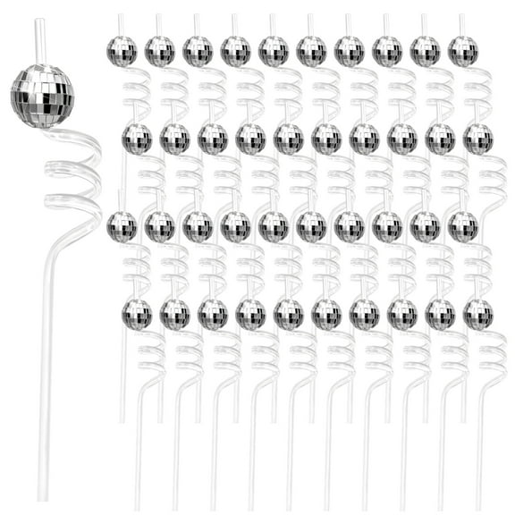 40 Pcs Disco Ball Straws for Party, Spiral Design Clear Straws with Silver Mirror Balls, 70s Disco Party Decorations, Ideal for Celebrations, Juice and Milkshake Drinks