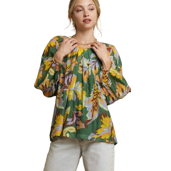 Umgee Mix Abstract Print Balloon Sleeve Blouse