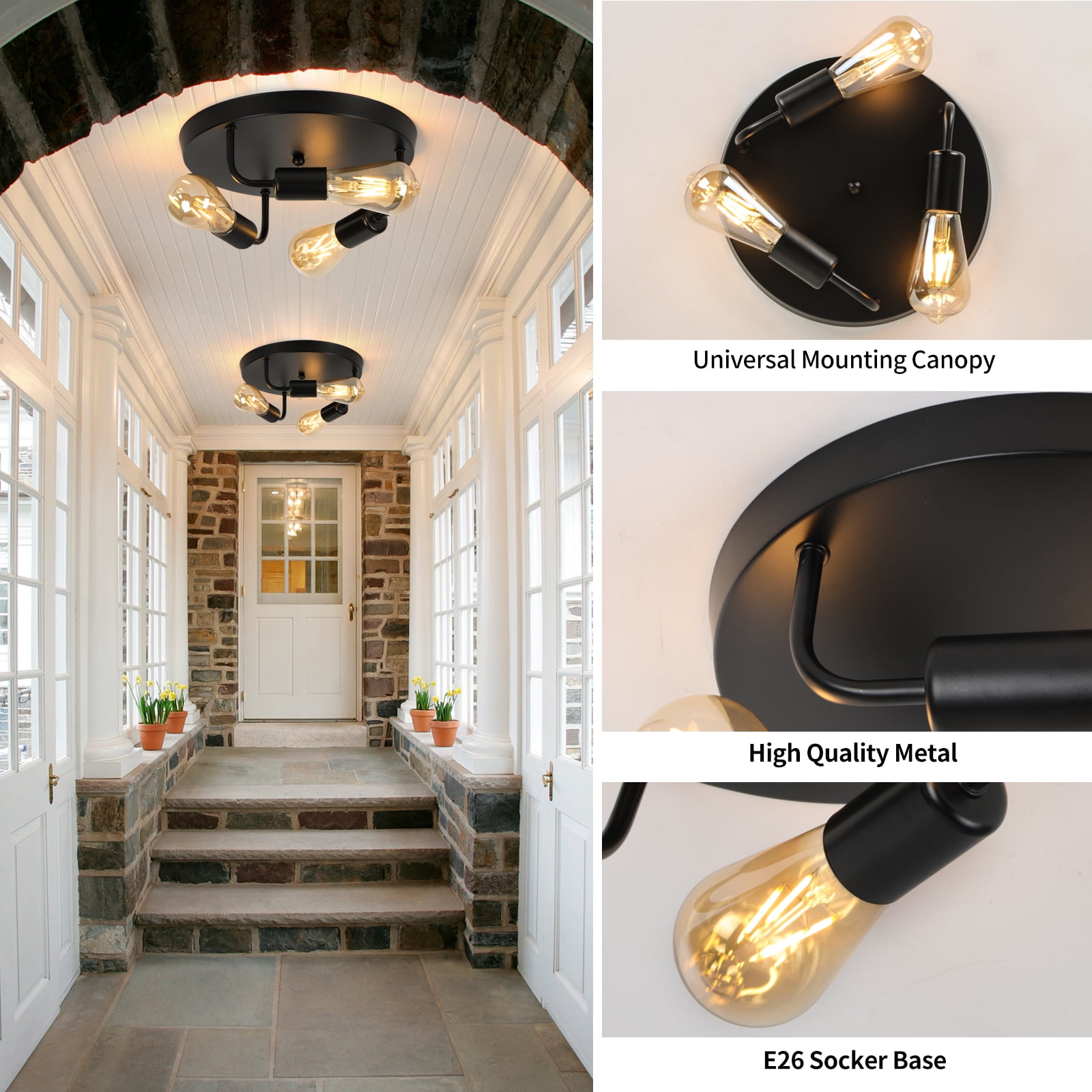 HALIGATE Flush Mount Ceiling Light Fixture,3-Light Ceiling Light Fixture for Hallway, Black Hallway Light Fixtures Ceiling,Light Fixtures Ceiling Mount for Kitchen,Farmhouse,Hall (1 Pack) (12inch)