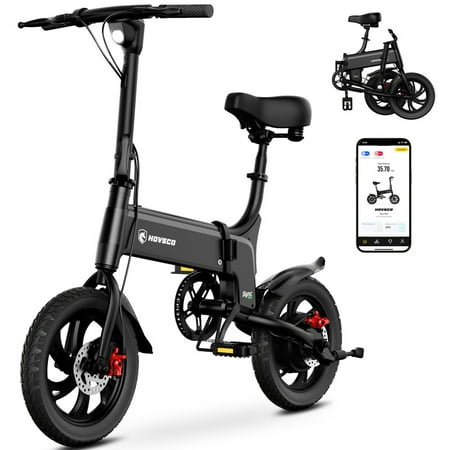HOVSCO 14" Folding Electric Bike, 30 Miles Range & 19mph Max Speed, LCD Display with App Control, Adjustable Seat, 450W Commuter Electric Bicycle for Adults