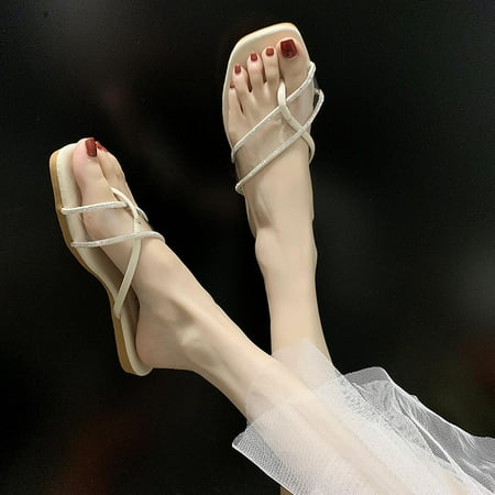 

pafei tyugd Women s Rhinestone Flat Sandal Flip Flop Dressy Thong Sandals Summer Beach Bohemian Strappy Casual Flip Flops Ladies Beach Flats Size 6.5