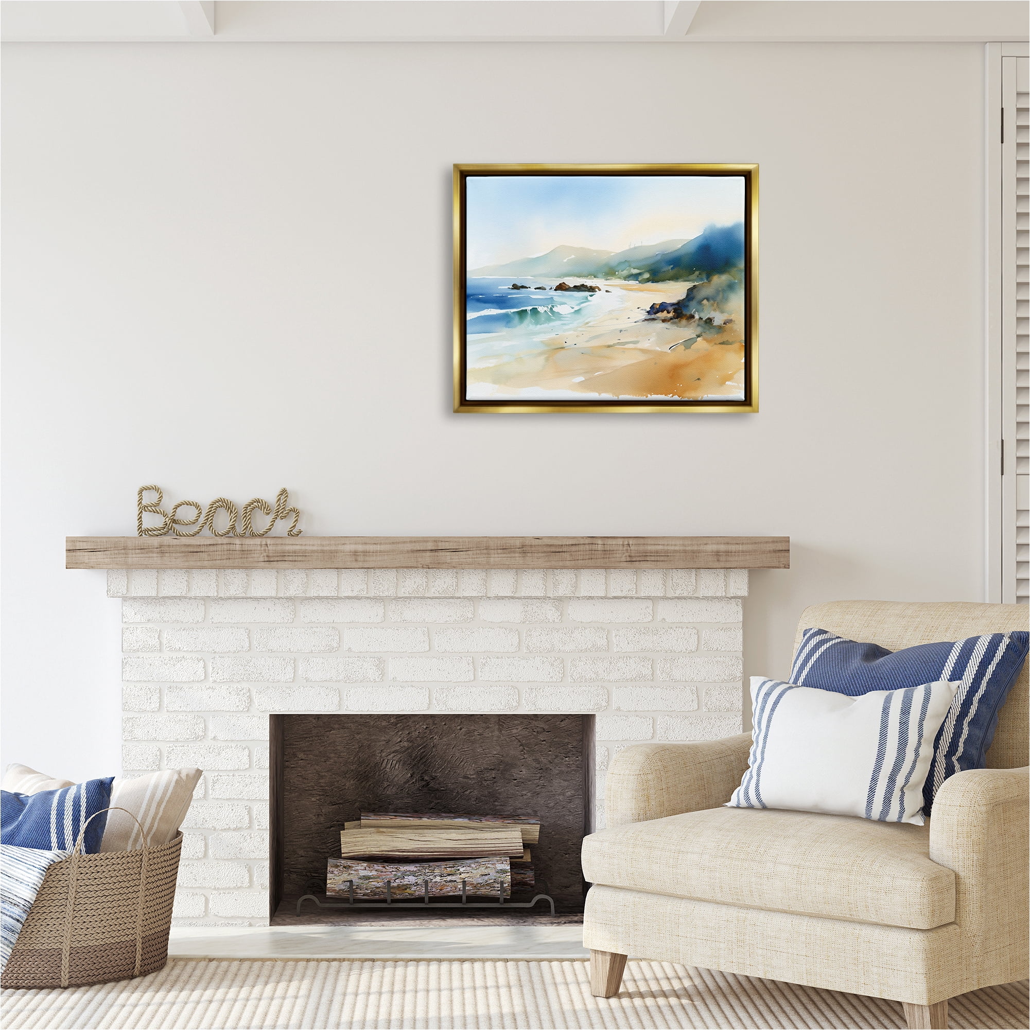 Stupell Industries Abstract Beach Scenery Landscape Painting Gold Floater Framed Canvas Art Print Wall Art, 31 x 25