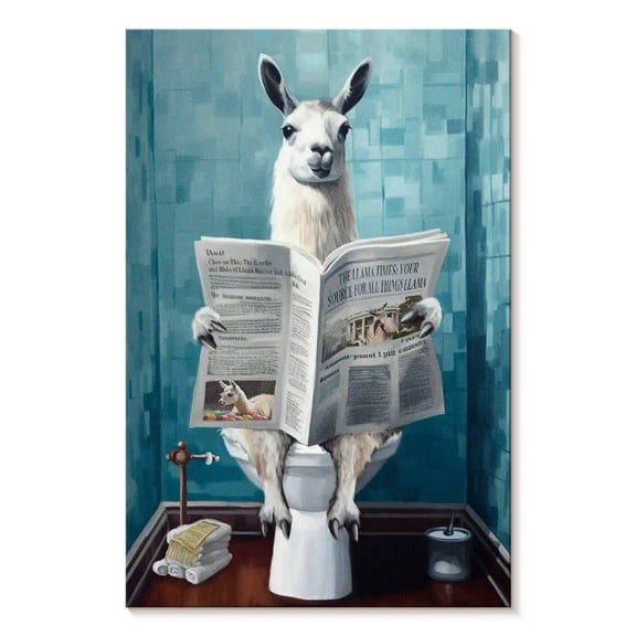 Elephant Stock Llama On A Toilet Wall Art - Vertical Canvas Wall Art - Bathroom Wall Decor - Humor Canvas - White And Teal Decor - 8" x 12"