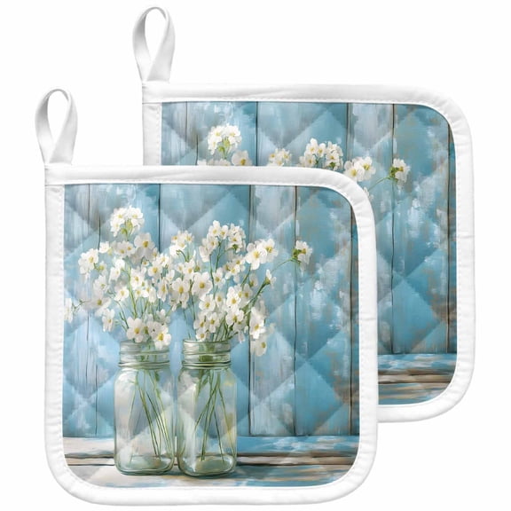 Daisies Flowers Pot Holders for Kitchen Heatproof Potholder, 2 Pack Potted Plant Vintage Blue Wood Grain Hot Pads Multipurpose Oven Pads Cloth Potholders Trivet for Cooking and Baking