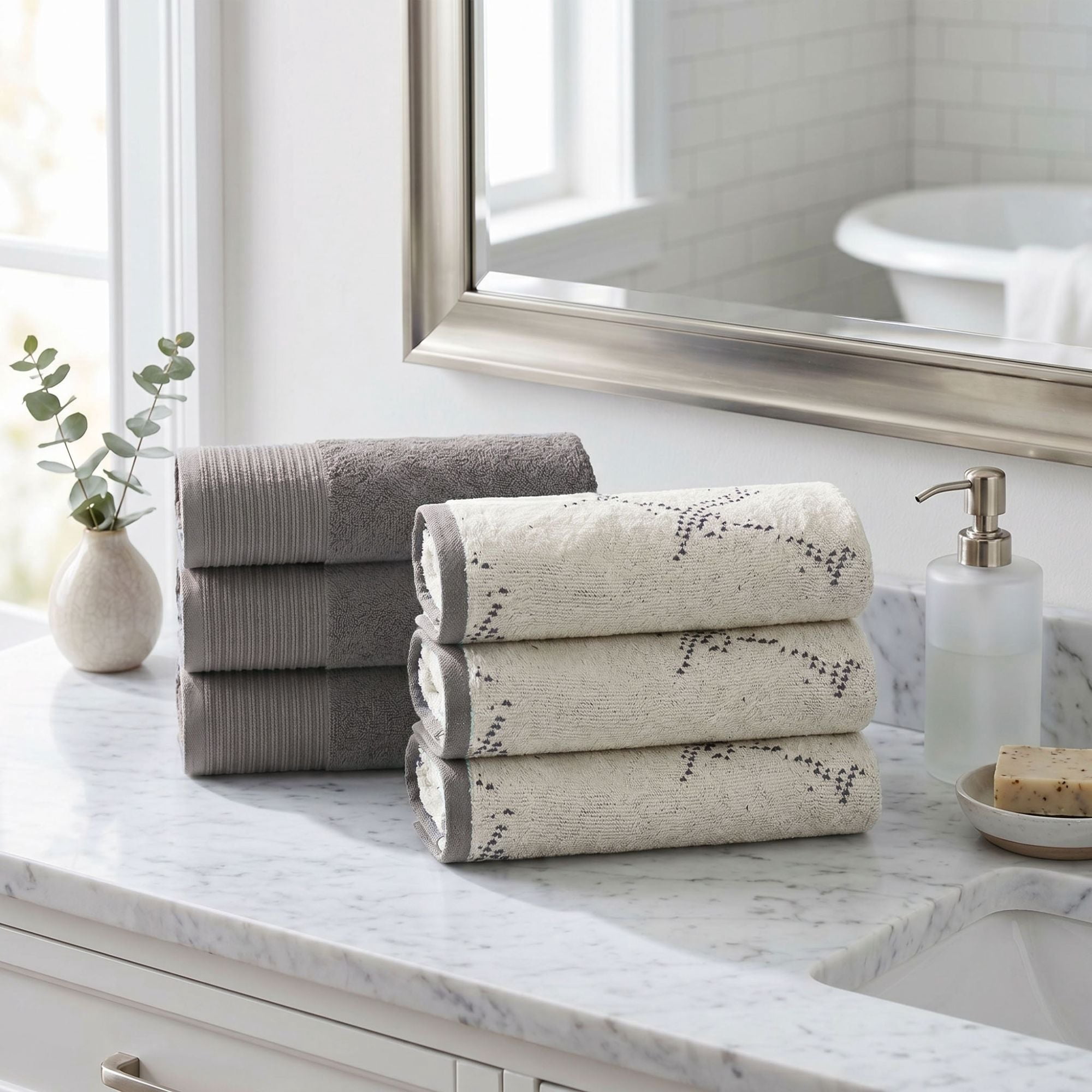 Superior Marble and Solid Jacquard Cotton 6-Piece Hand Towel Set, 6-Pack, Ivory - Charcoal