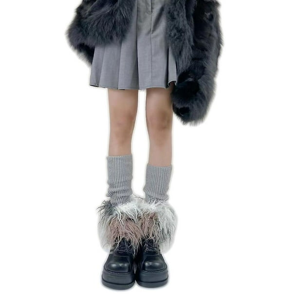 White and brown Calentadores de piernas peludos para mujer Otoño Invierno Vintage piel sintética botas de felpa cubre puños