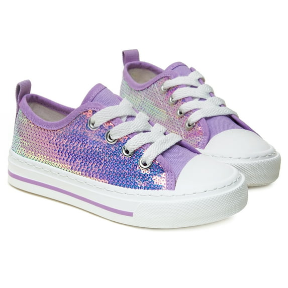 Girls Kids Sneakers Glitter Sequins Canvas Shoes Toddler Child Sparkle Low Top Lace Up Non Slip Rubber Sole Lightweight Breathable Walking Outdoor Purple Size 2