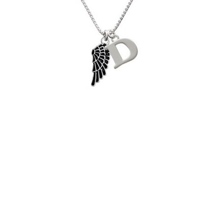 Lee Angel Black Necklace - Silvertone Medium Black Enamel Angel Wing - D - Initial Necklace