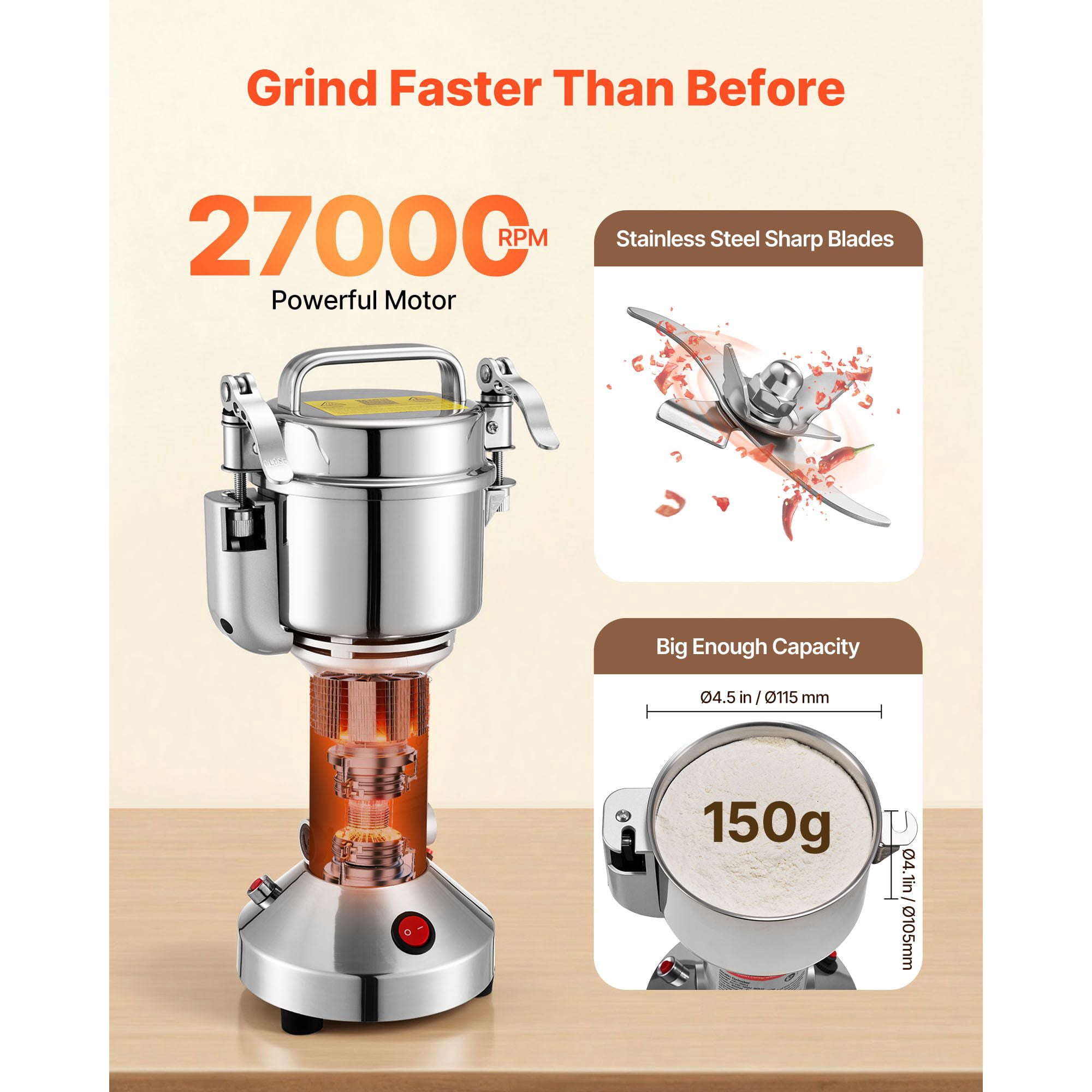 Electric Grain Mill Grinder 850W 28000 RPM Stainless Steel for Dry Grains Spices Coffee