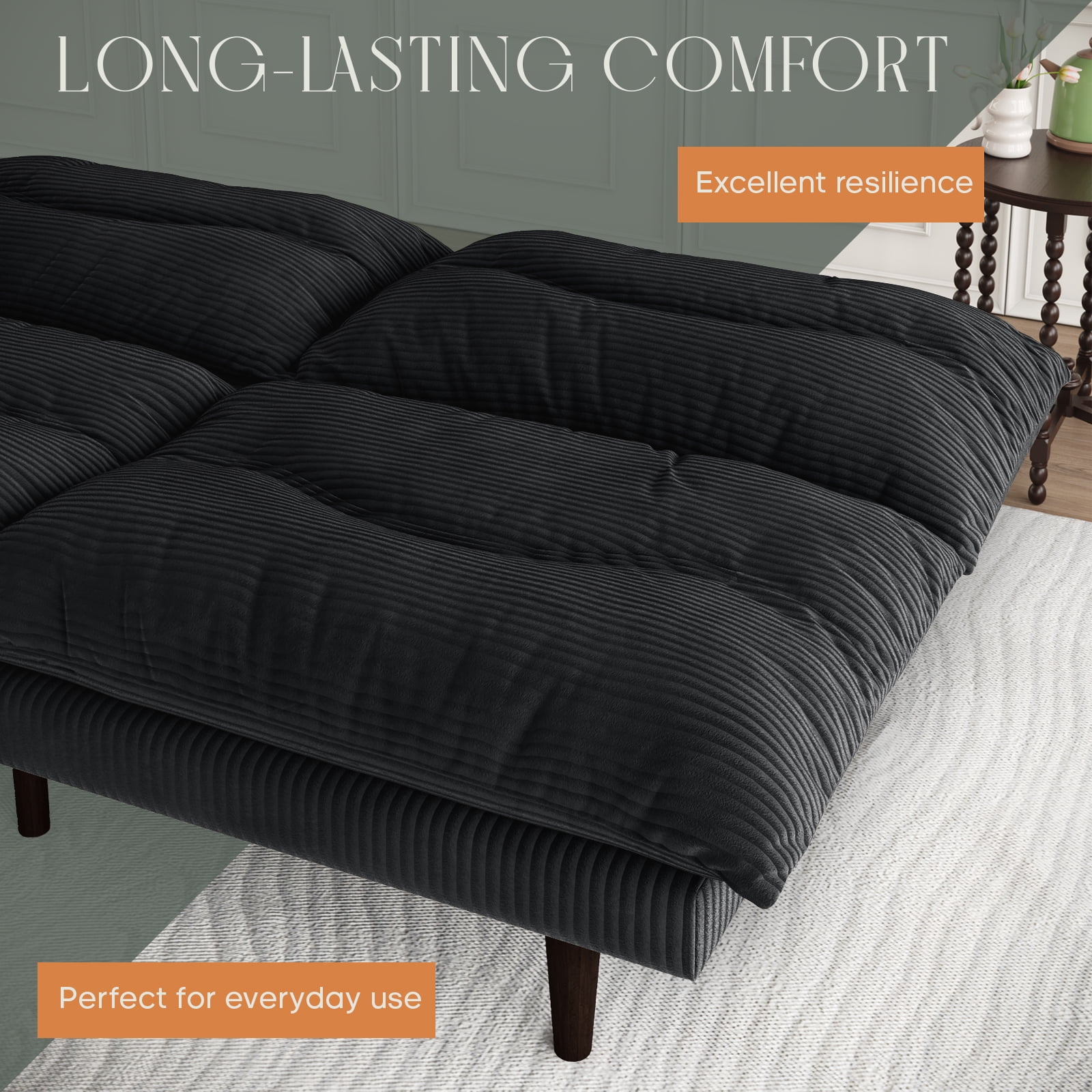LLappuil 71" Corduroy Futon Convertible Sofa Bed, Loveseat Sleeper Sofa Couch for Living Room Apartment  Black
