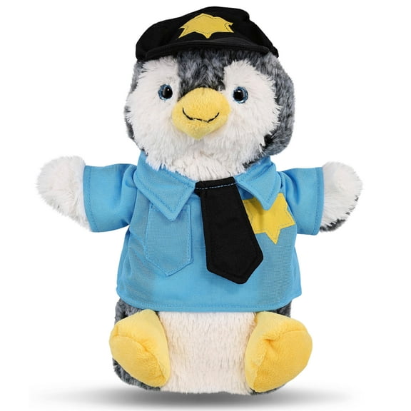 DolliBu Penguin Police Officer Super Soft Plush Hand Puppet Toy - Soft Penguin Cop Stuffed Animal Dress Up with Cute Cop Uniform and Cap Outfit - Soft Plush Penguin Cop Gift- 9 Inches