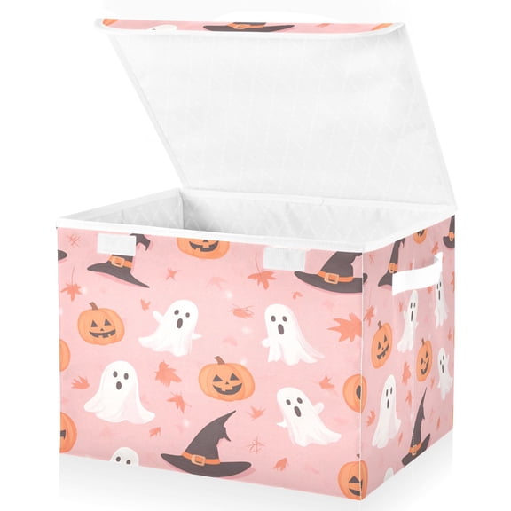 Yayeee Collapsible Cube Storage Bin with Lid Fabric Closet Decorative Basket with Handles, Cute Pink Halloween