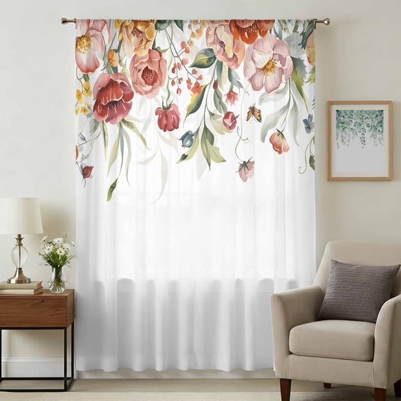 Pink Floral Sheer Curtains 72 Inches Long, Spring Pastoral Botanical Wildflowers Leaves Light Filering Curtains, Breathable Simi Curtain Privacy Drapes for Living Room Bedroom Window Treatment