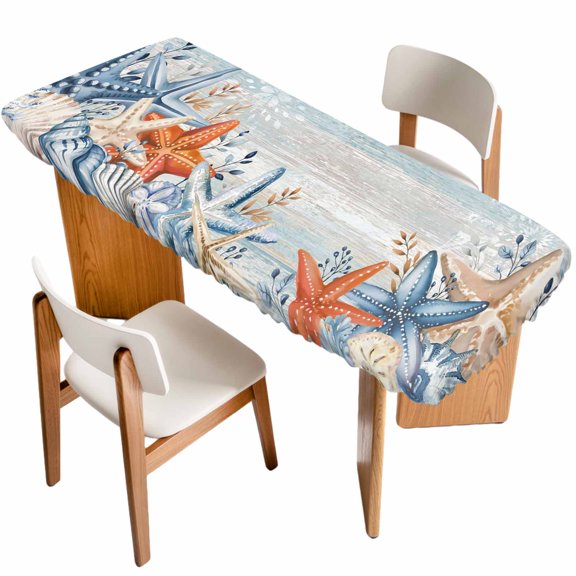 Orange Blue Starfish Coastal Table Cloths for 8 Foot Rectangle Tables, Summer Beach Eucalyptus Vintage Patio Waterproof Elastic Fitted Tablecloths, Washable Rectangular Table Cover for Camping