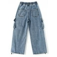 thumbnail image 2 of KIDSCOOL SPACE 6-Pocket Girls Wide-leg Denim Pants, 5-14T Ribbed Waist with D-ring Loops & String Cargo Jeans,Light Blue,6-7 Years, 2 of 6