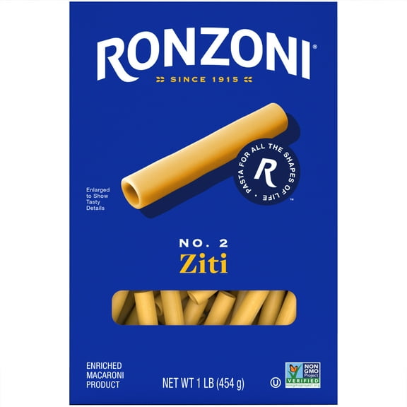 Ronzoni Ziti, 16 oz, Non-GMO Pasta for Thick Sauces and Casseroles, (Shelf Stable) Box