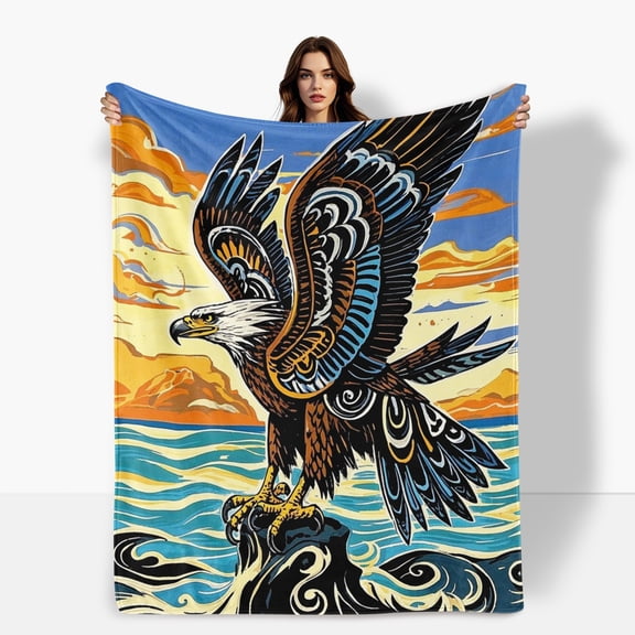 Eagle Blue Waves Clouds Design Flannel Blanket Soft Warm Comfortable For Sofa Bed Travel Camping Living Room Office Chair Polyester Fiber Gift For Family Or Friends