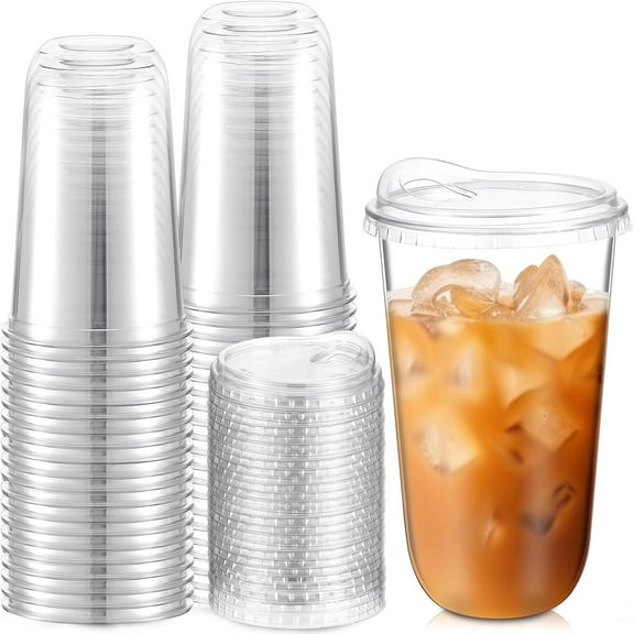 Clear Plastic Cups with Strawless Sip Lids Disposable Round Bottom Togo Cups for Coffee Smoothie Cold Beverage Coffee Shops and Party Catering(18 oz,50 Pcs)