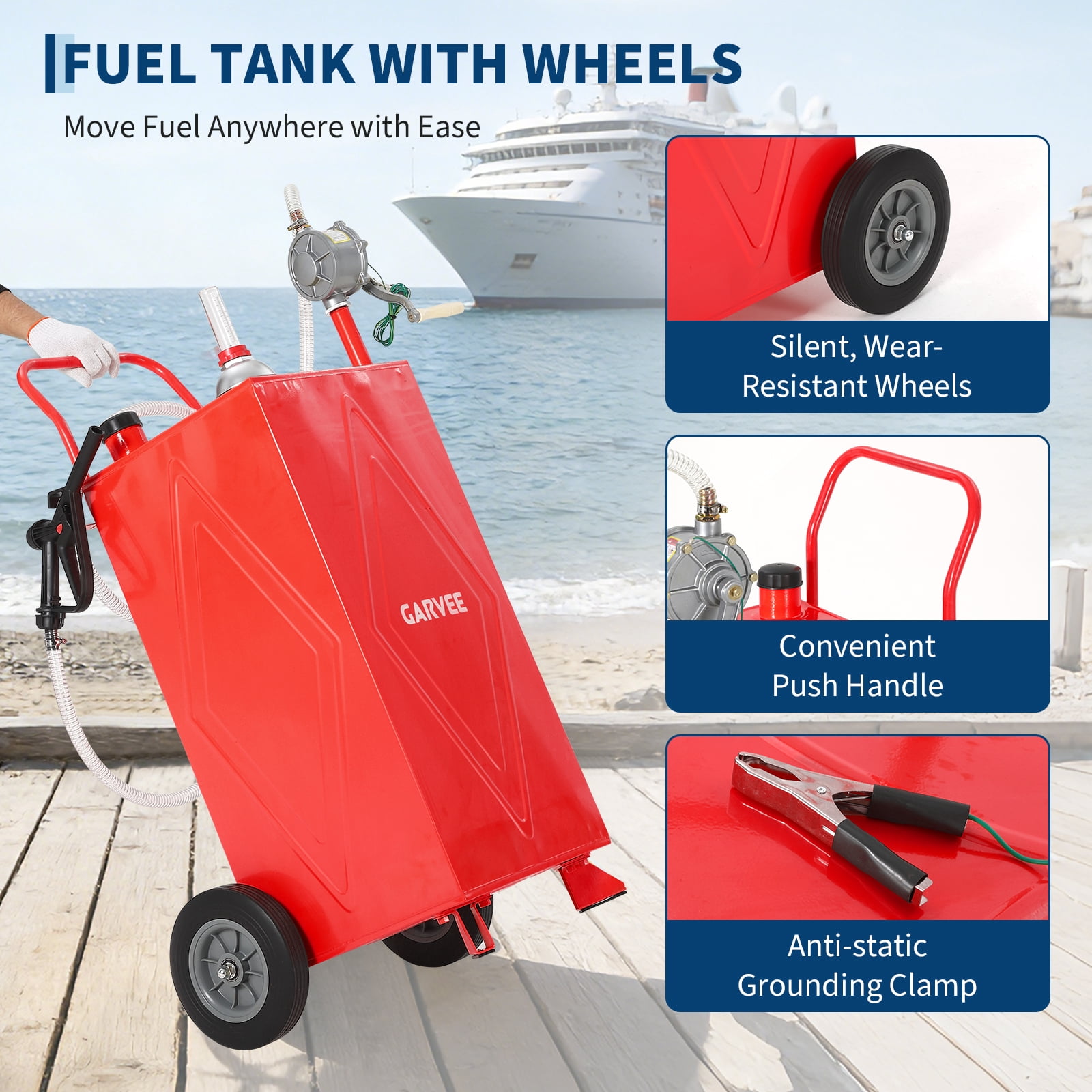 Garvee 35 Gallon Fuel Gas Caddy Storage Tank,Portable Fuel Transfer Tank with Smooth-Rolling Wheels, Manual Hand Crank Transfer Pump,Red