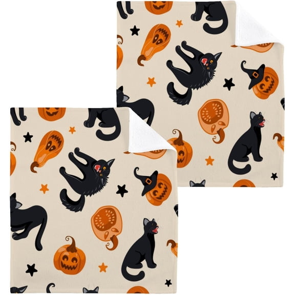 SKYSONIC Halloween Cat Cotton Washcloths Set of 2, Highly Absorbent Soft Fingertip Towel for Bathroom, Gym, Hotel and Spa, 12 x 12 Inch