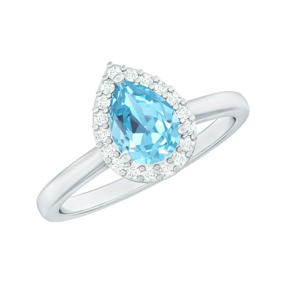 Rosec Jewels Natural Aquamarine Teardrop Engagement Ring - Aquamarine Diamond Ring for Women - AAA Grade - With Jewelry Box, 925 Sterling Silver, US 4.00