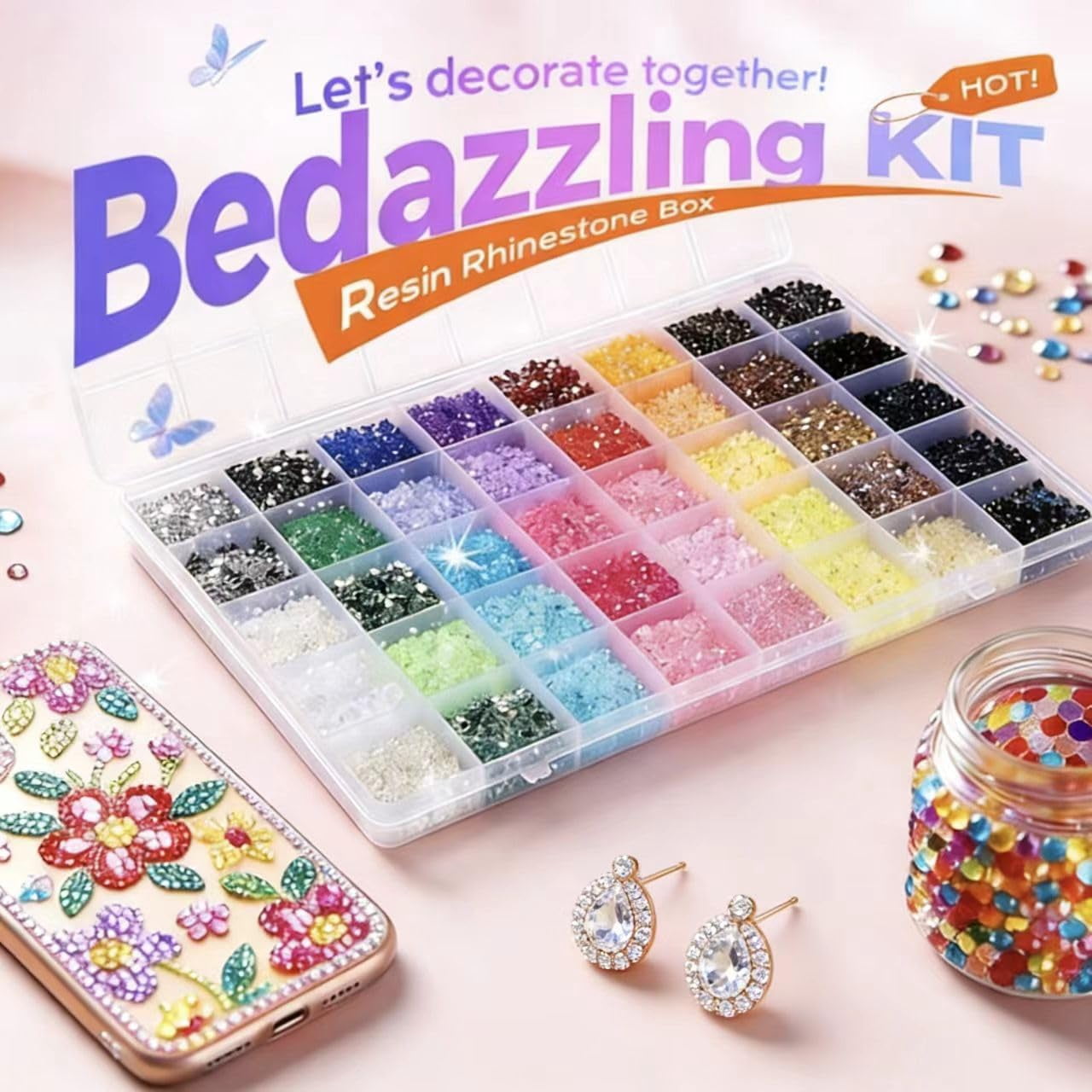 Colorful DIY Resin Rhinestone Kit, Resin Jelly Rhinestones for Bedazzling, Multicolor 3mm Flatback Gems for Diamond Art 3Pcs B7000 Jewelry Glue for Bedazzled Nail Art（40-Grid）