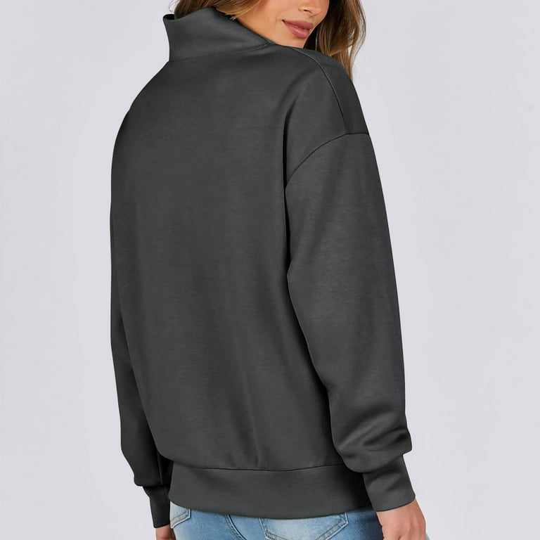 Women Hoodless Sweatshirt Half Zip Long Sleeve Solid Color Drop