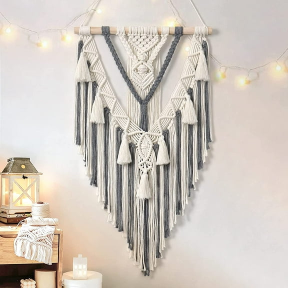 EISRUNGF- Macrame Woven Wall Hanging Boho Geometric Woven Tapestry Beige & Grey Cotton Handmade Bohemian Art Decor with Tassel Craft Ornament for Bedroom Living Room Apartment Nursery (Grey)