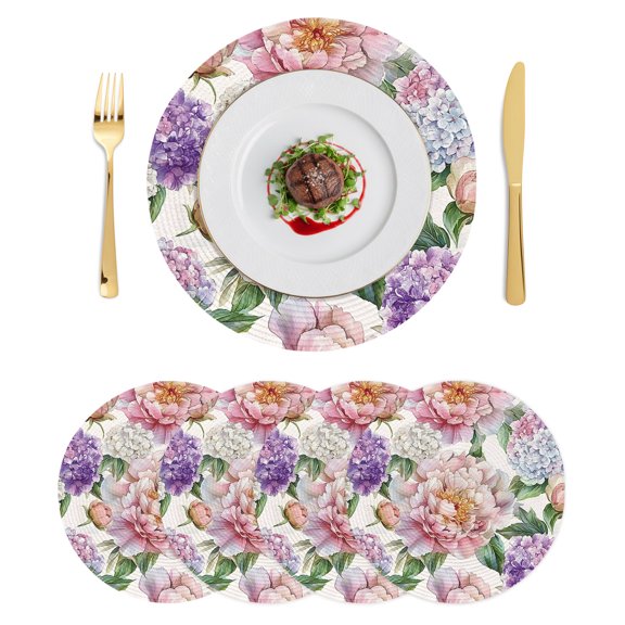 Round Placemats Pink Purple Hydrangea 15 inch Set of 4 Table Mats for Dining Table Spring Watercolor Pastoral Flowers Heat Resistant Non-Slip Kitchen & Home Decorative Place Mat Set
