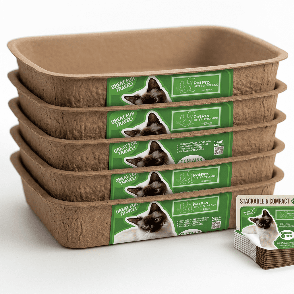 Word Travel - Friendly Disposable Cat Litter Box - 5 Pack Small Molded Pulp Single Use Easy Clean.
